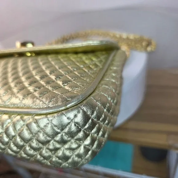 Bally Gold Quilted Lambskin Leather Crossbody Bag Purse Gold Chain Small Vintage - Picture 8 of 15